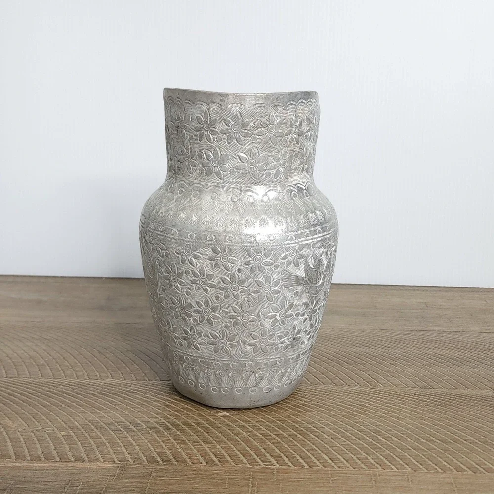 Vintage Etched Floral Aluminum Water Pitcher Diamond‎ Brand Made in Thailand